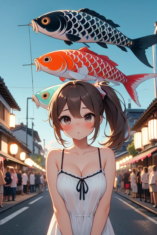 (((masterpiece))), (((best quality))), (((koinobori))), (((colorful carp))), (((flagpole))), ((carp streamer)), looking up, parted lips, floating hair, camisole, walking, busy, street, alley, sky, wind, tree, petals, greenery, lamppole, power pole, low house, japan building, ((crowd)), ((vendors)), ((summer festival)), ((evening)), ((twilight)), solo, 1girl, brown hair, ponytail, cleavage, big tits, shy, blush, slim figure, <lora:girllikekoinobori:0.9>