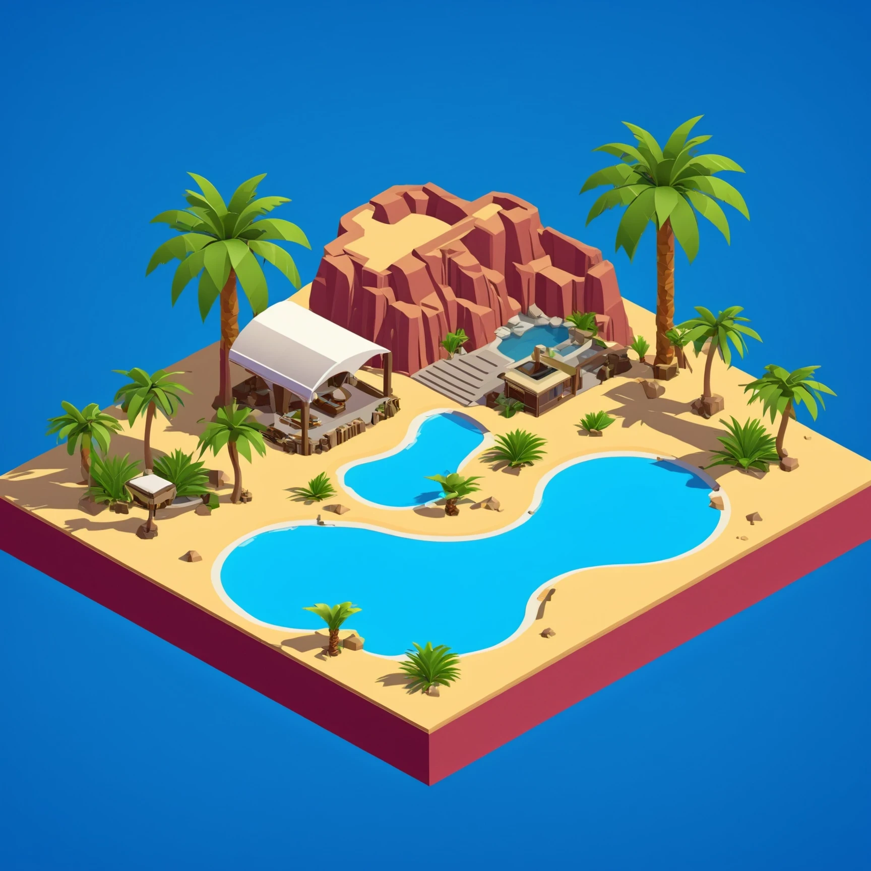 isty01 style. isometric <lora:isometric_isty01_style:1>
cartoon
Desert oasis and palm trees and mirage, Maroon background,
detailed, professional,  slick, 3d, unreal engine, render, ray tracing,
high quality, masterpiece, highres,