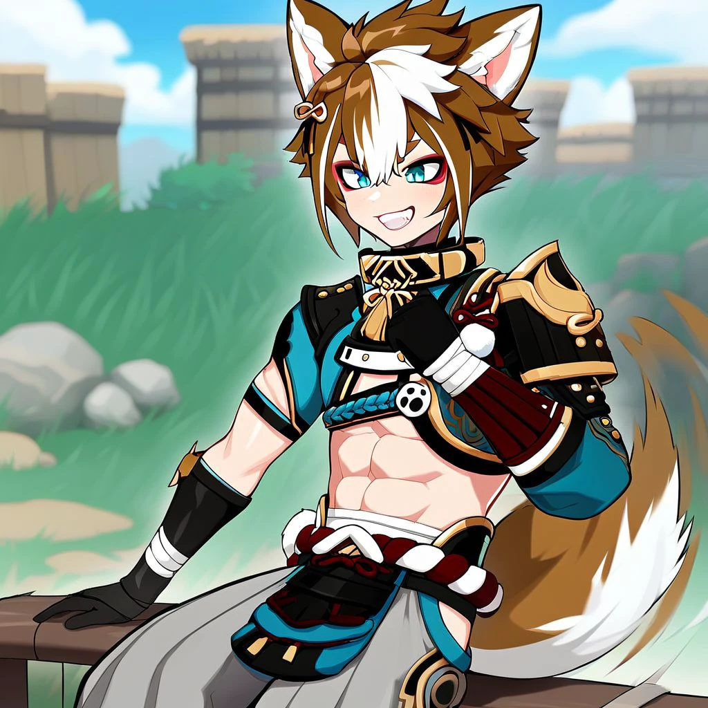 grin, blue eyes, brown hair, multicolored hair, open mouth, bandages, bow, dog tail, dog boy, muscular, fox ears, collar, gloves, streaked hair, holding, solo, 1boy, tail wagging, Gorou, sitting, outside, gray pants