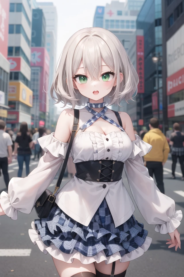 <lora:talkmouth_U_type1_v200:1>
insanely detailed, absurdres, ultra-highres, ultra-detailed, best quality,
1girl, solo, nice hands, perfect hands
BREAK
(a checkered clothes:2.0), (a checkered idol clothes:1.6), (short frill sleeve:1.3), (layered skirt,multilayer-skirt:1.6), (white thigh-high socks:1.4), (white choker,white glove with frill:1.3)
BREAK
(nsfw:-1.5)
BREAK
smile, open mouth
BREAK
from below,
standing, cowboy shot, looking at viewer
BREAK
slender, kawaii, perfect symmetrical face, ultra cute girl, ultra cute face, ultra detailed eyes, ultra detailed hair, ultra cute, ultra beautiful
BREAK
in street, cityscape in akihabara, depth of field, ultra detailed background
BREAK
medium large breasts
BREAK
grey hair, green eyes, messy hair, hair between eyes