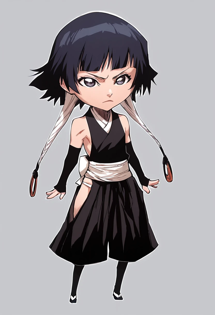 score_9, score_8_up, score_7_up, chibi, (large head:1.2), sui-feng, sleeveless, black kimono, detached sleeves, hip vent, white sash, pants, full body <lora:Soi_Fon:1>