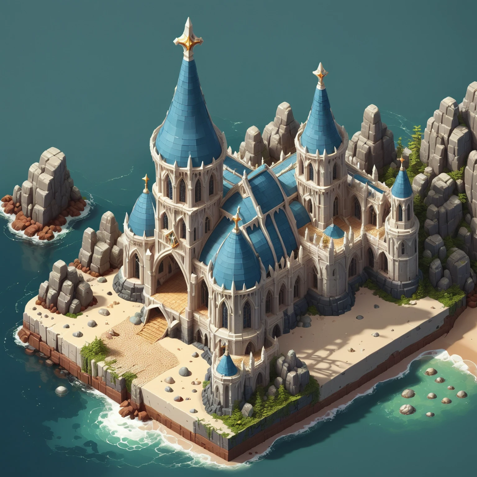 Elven Architecture Isometric elvish cathedral on a rocky beach <lora:Elven Structures Isometric:1>