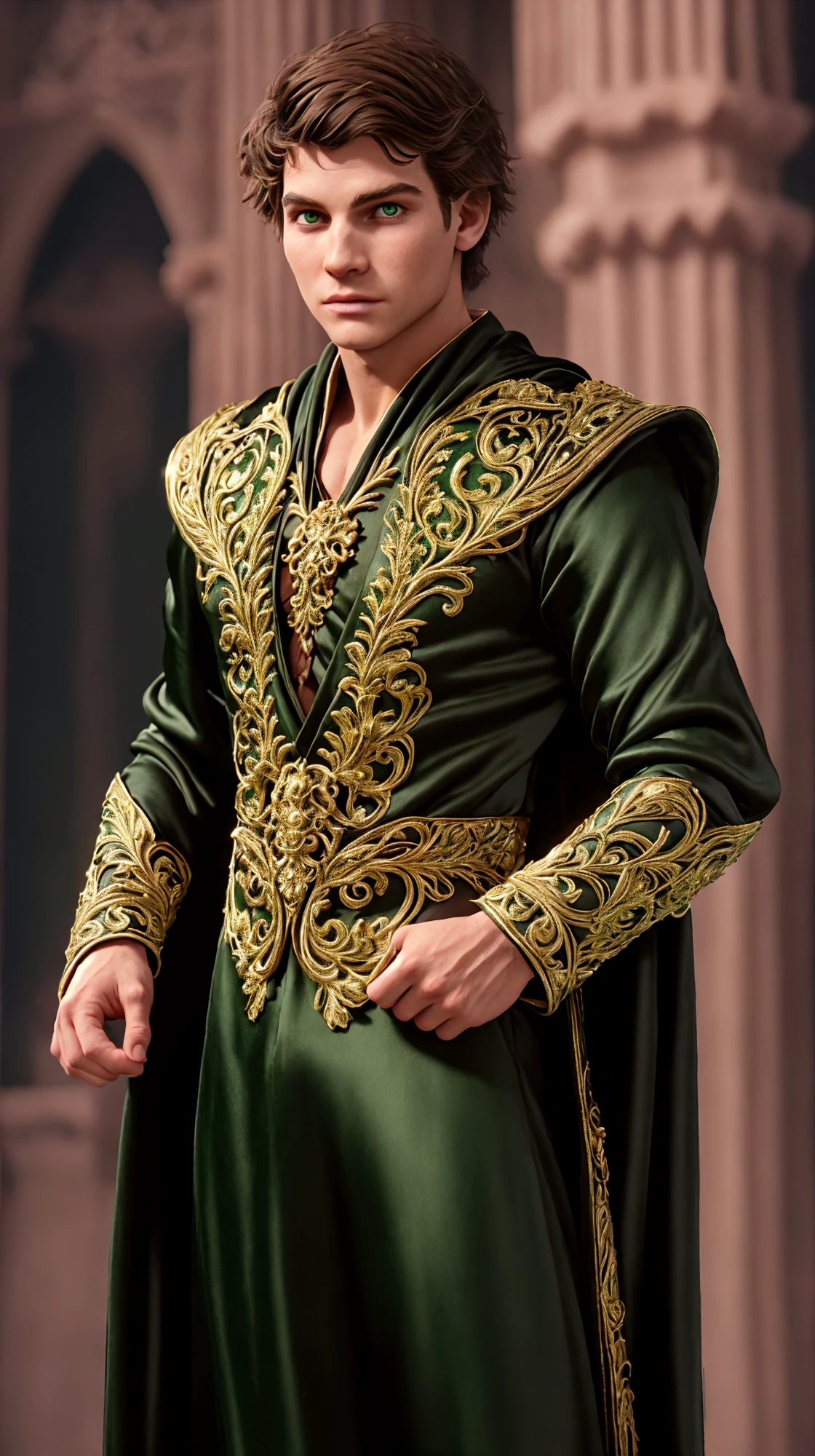 (face focus). (masculine:1.3), large strong physique:1.0, at outdoor gothic castle, (muscular;1.2), large muscles:1.1, ((wearing large long flowing ornate revealing green and black silk fantasy suit:1.3)), (wearing matching long flowing cape:1.2), (green eyes), (fantasy theme:1.3), styled hair, confident, handsome, (((masterpiece))), (((best quality))), (dignified pose:1.2), male, athletic, looking at viewer, (short hair), lower color saturation:1, lower contract color:1, SebbySallow, <lora:SebbySallow (1):0.9>