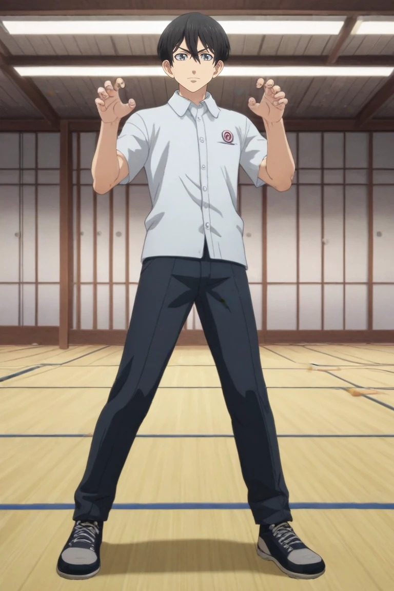 score_9, score_8_up, score_7_up, source_anime, rating_safe, , (3d:0.4), , , 1boy, solo, male focus, <lora:naoto_tachibana_pony:0.88>, naoto_tachibana, black hair, grey eyes, short hair, hair between eyes, wide angle, wide shot, full body, dojo, dusk, claw pose, happy, , <lora:sdxl_lightning_8step_lora:1>