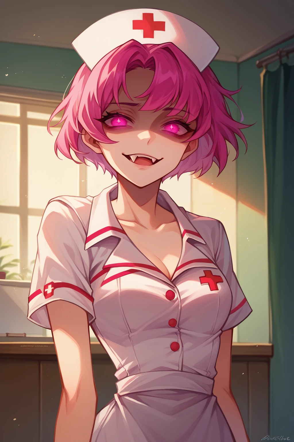 score_9, score_8_up, score_7_up, digital painting, 1girl, solo, <lora:NSNeimiFE8:0.8> NSNeimiFE8, short hair, pink eyes, nurse outfit, evil face, indoors, miniskirt, single fang, shaded face, high contrast, glowing eyes