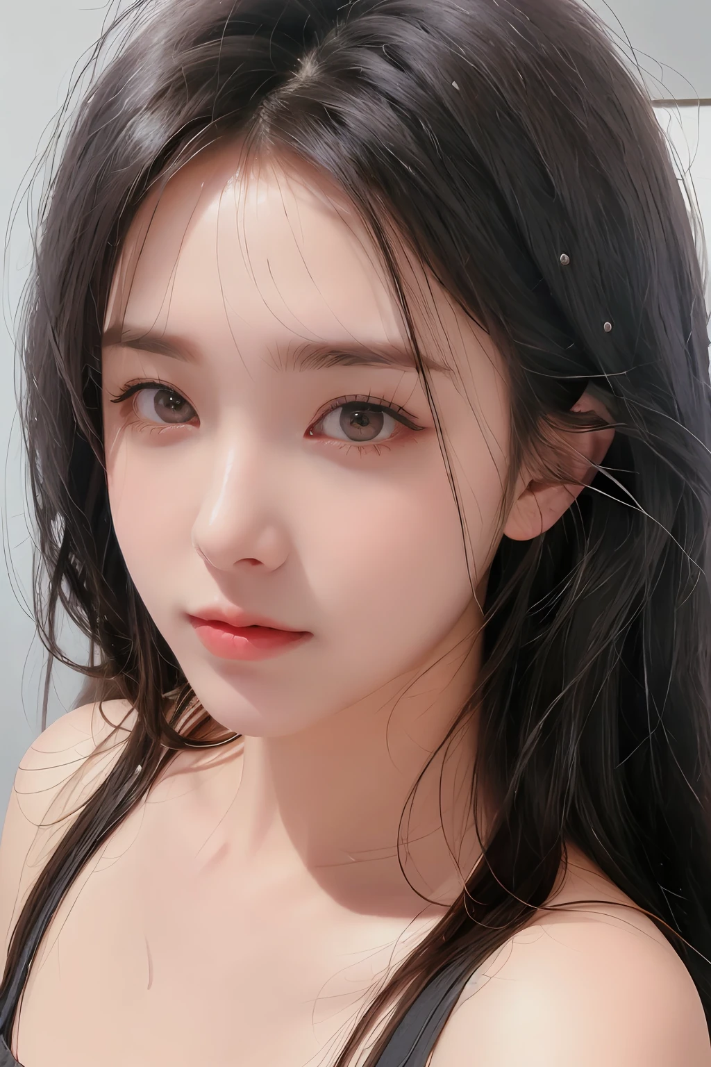 masterpiece, (Best quality:1.3), Raw Photo, realistic, (photorealistic:1.3), 1girl, solo, looking at viewer, portrait, simple gray background, <lora:Lee_Seul_BJ:1>