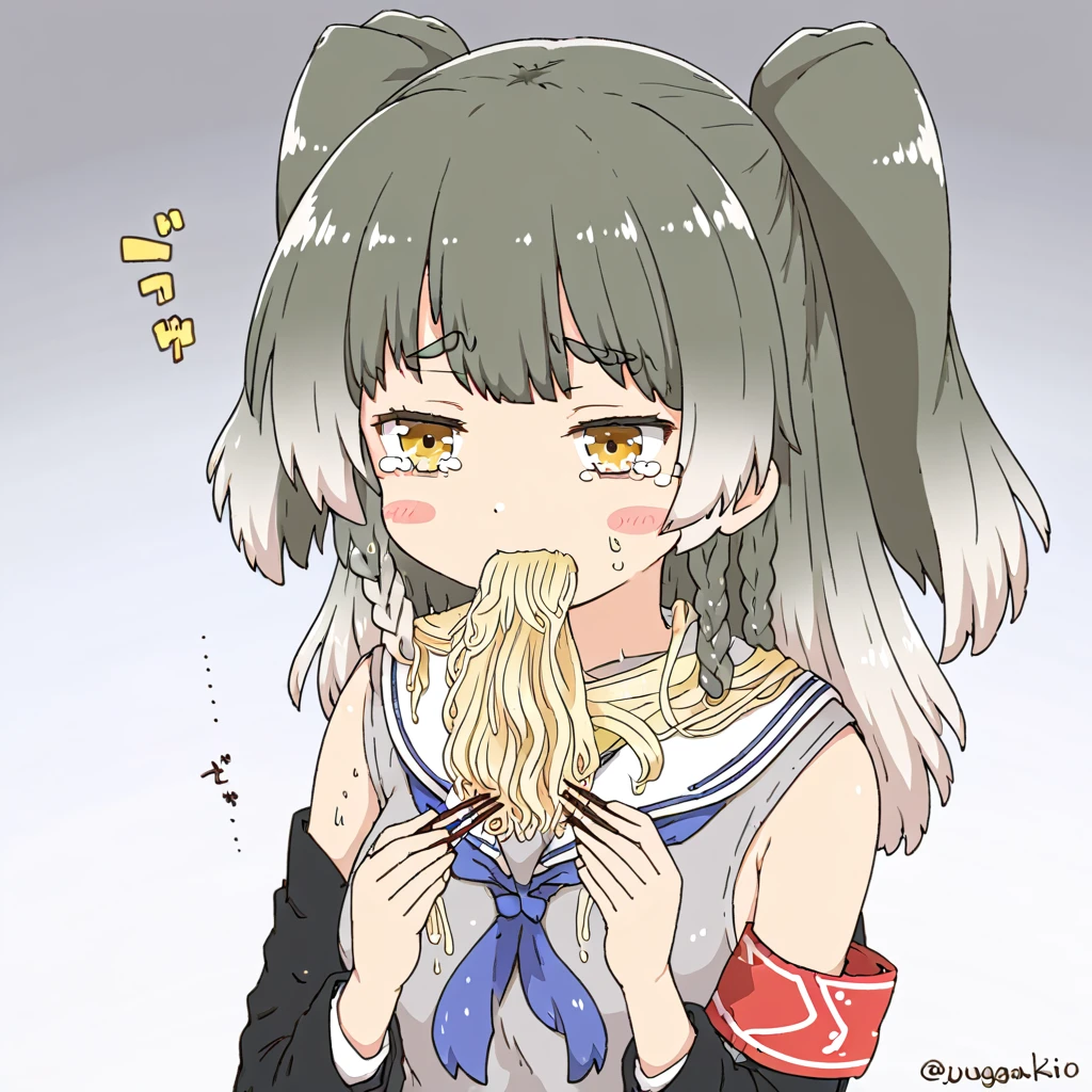 eating ramen, thick eyebrows, scarf, blunt bangs, holding chopsticks, twitter username, serafuku, sideboob, sailor collar, egg (food), black coat, grey shirt, hairpin, two side up, vest, gradient background, shishiro botan, blush stickers, jougasaki rika, armband, tears, side braid, dark green hair, hakama, winter uniform, yellow eyes, portrait, sidelocks, tomboy, feet, grey skirt, red ribbon, blue neckerchief, hakurei reimu, heart