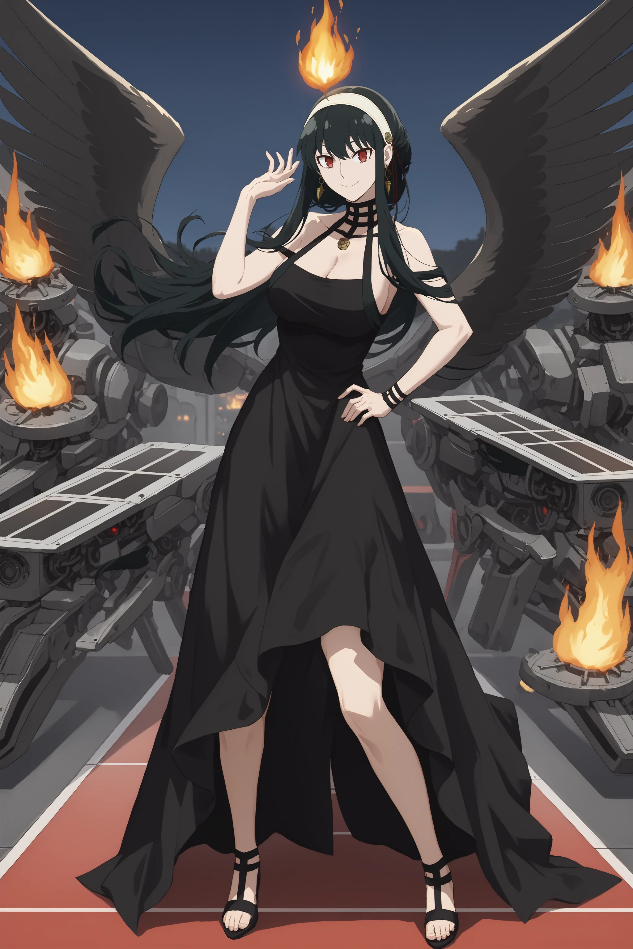 azur lane meta style, score_9, score_8_up, score_7_up, 1girl, solo, yor briar, black hair, red eyes, earrings, long hair, sidelocks, dress, cleavage, bare shoulders, jewelry, collarbone, sleeveless, black dress, halterneck, headband, white headband, BREAK full body, portrait, torn clothes, charming smile, hand on hip, look at viewer, BREAK flight deck, robot, fire, detailed background, detailed middle ground<lora:EMS-351697-EMS:0.800000>, <lora:EMS-388802-EMS:0.800000>