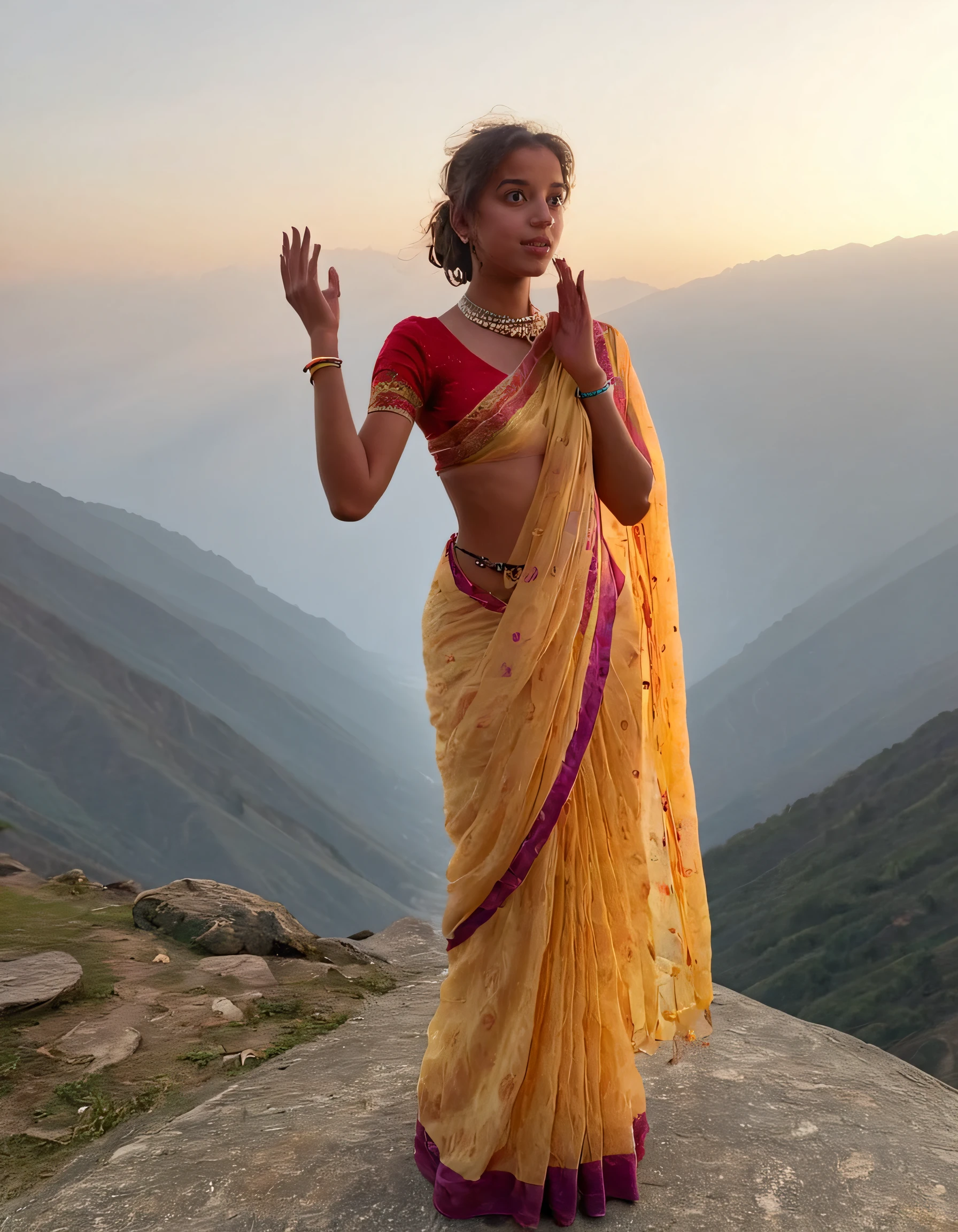 Camila, a young woman with dark skin and captivating brown eyes, stands alone atop the rugged mountains of Himachal Pradesh, her hands adorned with delicate jewelry, raised skyward in a graceful gesture of surrender, as she gazes out over the mist-shrouded landscape, her vibrant sari shimmering against the golden sun setting over the horizon. <lora:sknwjl18fd13b3989tbb:1>