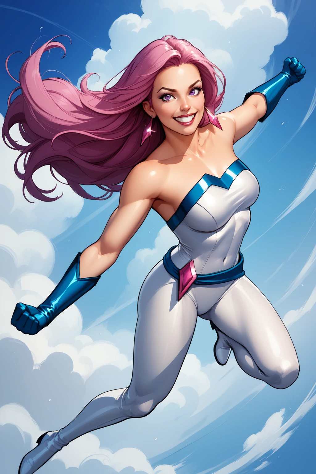score_9, score_8_up, score_7_up, masterpiece, high quality, BREAK
<lora:Jessica JonesPonyLoRA:0.9>JssjoJwl, long hair, pink hair, purple eyes, earrings, bare shoulders, strapless, bodysuit, skin tight, gloves, belt, white boots, floating, clenched fists, grin