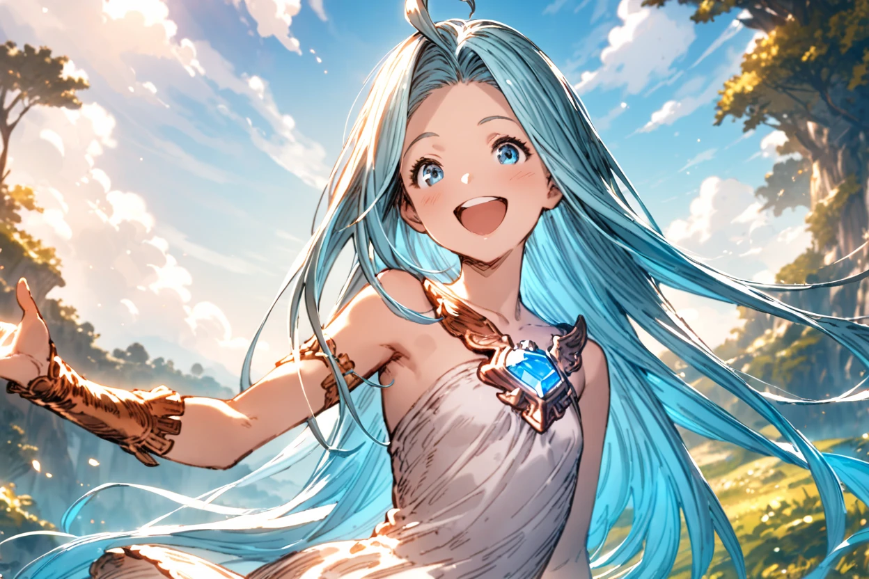 masterpiece, best quality, absurdres,
1girl, solo, happy, smile, outdoors, blue sky, sky,
lyria \(granblue fantasy\), sleeveless dress, small breasts, strapless,
<lora:lyria-XL:0.7>, clear eyes, background, scenery