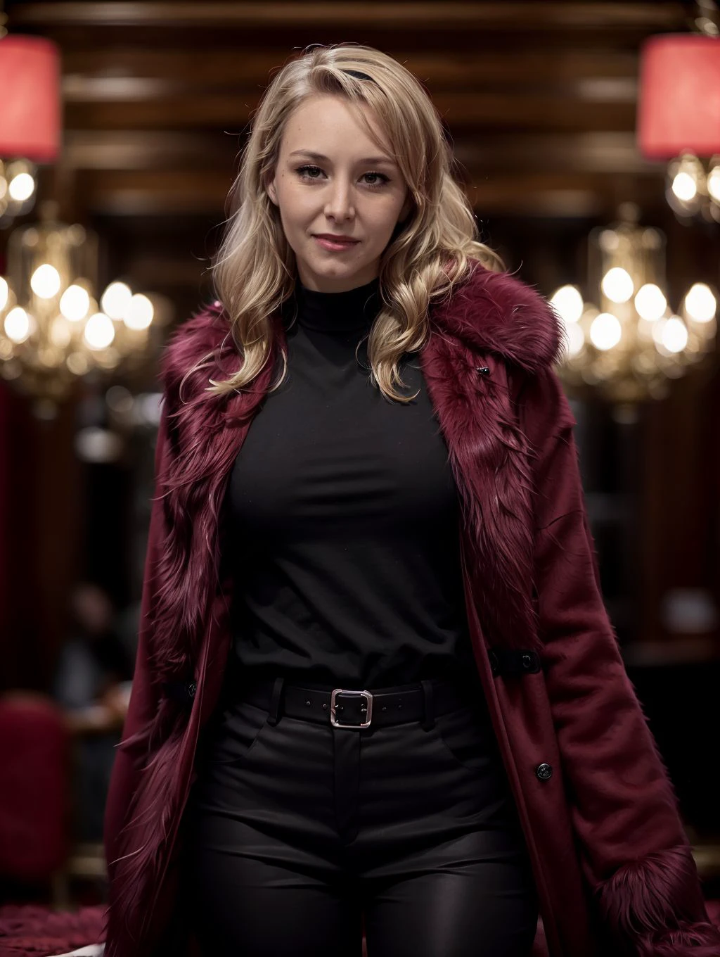 Marion8, full body, 1girl, looking at the viewer, smile, seductive smile, wear a (red fur coat and a black shirt underneath and a black pants) in the style of captivating lighting, glamorous hollywood, dark paradise, retro-style, dark violet and light red, wavy --ar 2:3 --v 6. 0