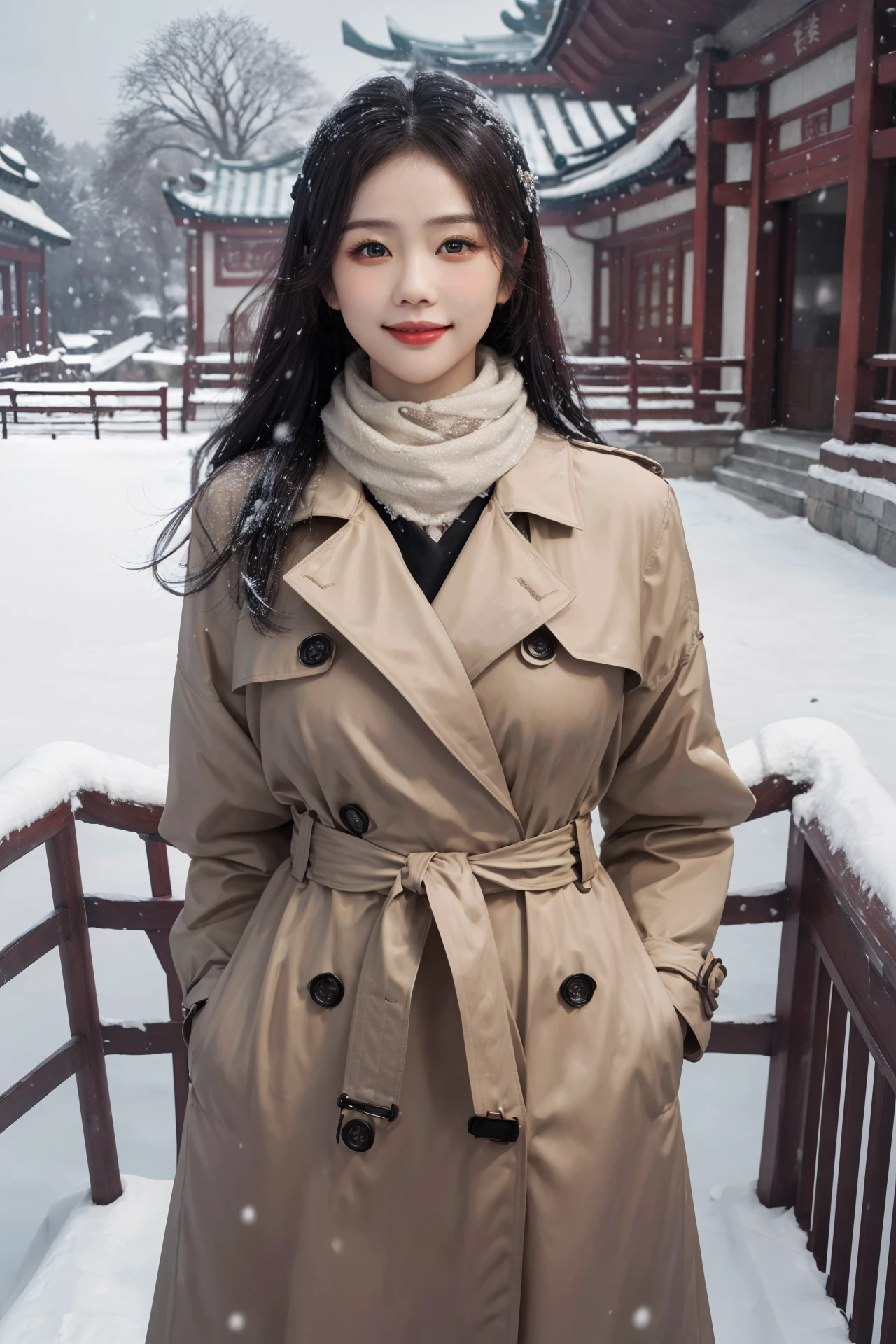 (4k, best quality, highres, absurdres, masterpiece:1.21), (realistic:1.331), detailed and intricate,
cinema light, (authentic skin texture:1.3),
1girl, perfect body, medium breasts, shiny skin,
light smile, arms behind back,
scarf, trench_coat,
chinese style architecture, snowing, snowflakes, winter, lamp,
<lora:add_detail:0.3>, <lora:girlslike_bl1:0.7>