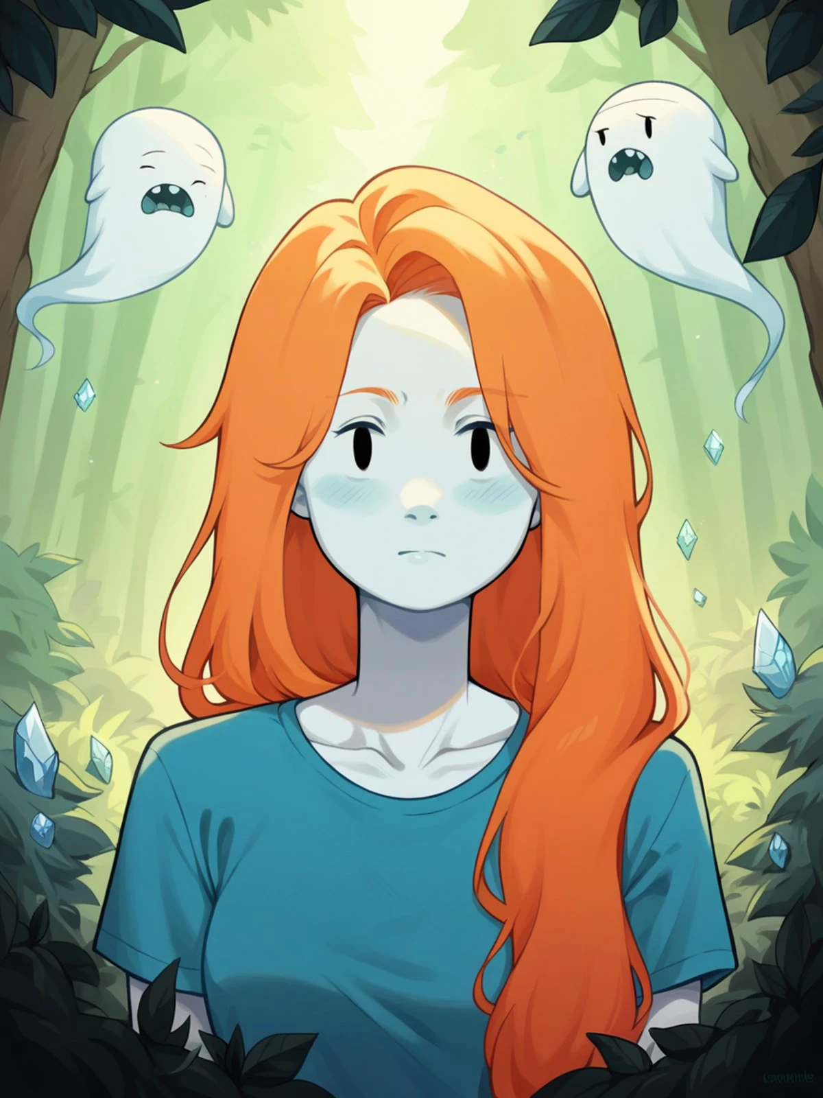 score_9, score_8_up, score_7_up, score_6_up, score_5_up, score_4_up, 4dv3ntur3t1m3, adventure time, <lora:4dv3ntur3t1m3XLP:1> 1girl, orange hair, portrait, long hair, crystals, forest, ghosts, pale skin