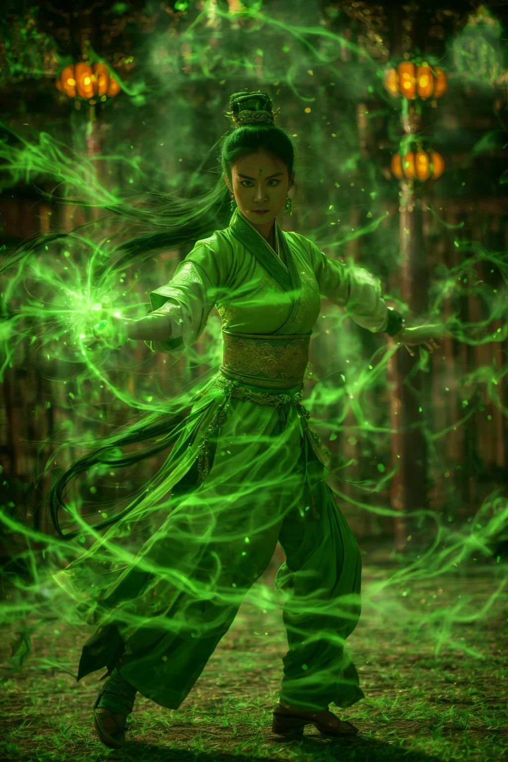 green-poison-magic,using green-poison-magic,using green-magic,green-aura,green-magic,dancing,ancient-costume,fighting stance,1girl,solo,full body,looking at viewer,blurry,green eyes,chinese clothes,blurry background,black hair,long hair,jewelry,<lora:magic_fighting_green_512_dreamshaper_8_2:0.8>,