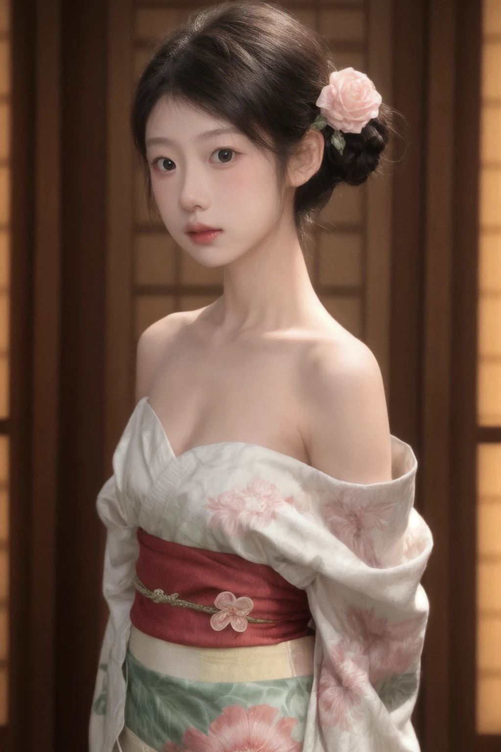 masterpiece, high quality,1girl, cowboy shot, kimono, skin tight, blush, pale skin, shiny skin, hair ornament, center opening, off shoulder,, small breasts, arms behind back, 
<lora:ip-adapter-faceid-plusv2_sd15_lora:0.62>  <lora:hpjzhi_v1:0.53> <lora:add_detail:1>