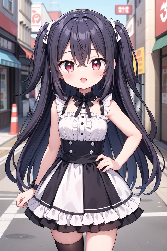 <lora:talkmouth_U_type1_v200:1>
insanely detailed, absurdres, ultra-highres, ultra-detailed, best quality,
1girl, solo, nice hands, perfect hands
BREAK
gothic theme, black gothic dress, white frill, hair dress
BREAK
(nsfw:-1.5)
BREAK
smile, open mouth
BREAK
45 angle,
standing, cowboy shot, looking at viewer
BREAK
slender, kawaii, perfect symmetrical face, ultra cute girl, ultra cute face, ultra detailed eyes, ultra detailed hair, ultra cute, ultra beautiful
BREAK
in japanese street, cityscape in japan, depth of field, ultra detailed background
BREAK
medium breasts
BREAK
black hair, red eyes, shag, hair between eyes