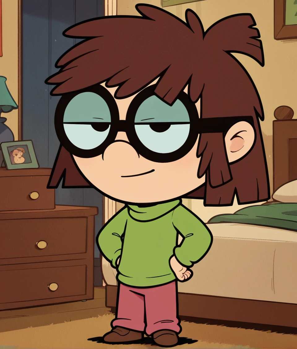 isaloud, 1girl, solo, green sweater, pink pants, brown footwear, glasses, standing in a bedroom, looking at viewer, brown hair, short, chibi, yellow gas, butt, gassy, fart, pants pulled off, biting lip, up close, pov crotch