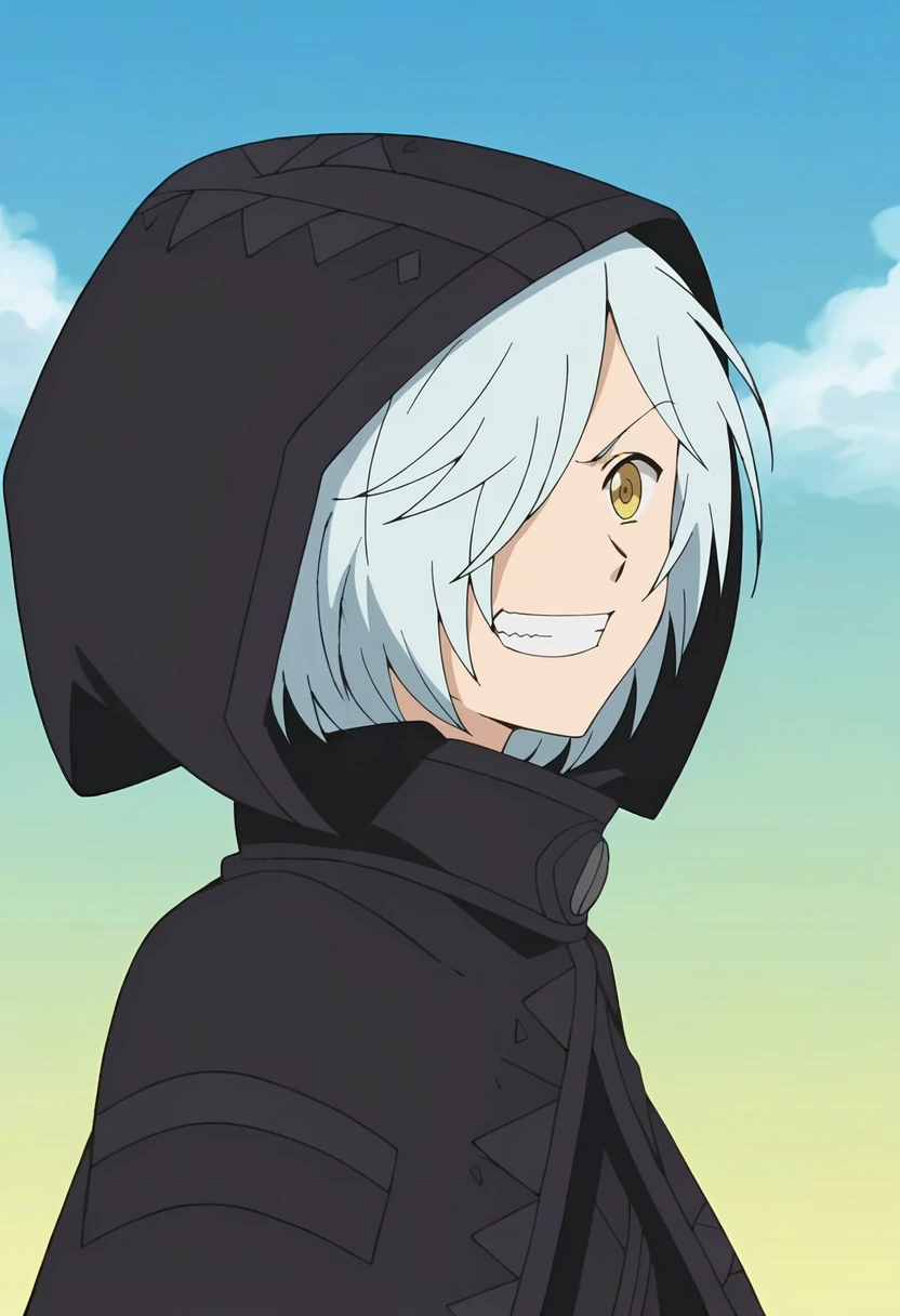 1girl, solo, <lora:Gyubid:0.85> black gloves, blue hair, hood, black cloak, yellow eyes, facing viewer, sky, yellow eyes, white hair, hair over one eye, anime screenshot, from side, eyes half closed, looking at viewer, grin, 
simple background, light blue background,