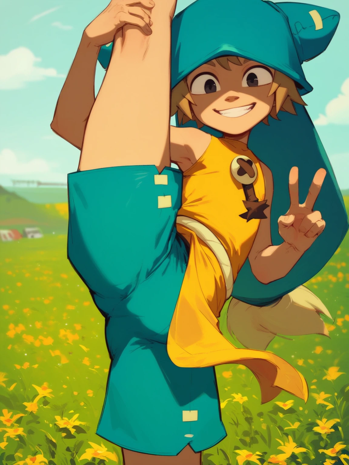 score_9, score_8_up, score_7_up, male focus, 1boy, solo, <lora:Yugo:0.8>, Yugo, black eyes, blue hat, blue shorts, yellow sleeveless top, yellow pelvic curtain, light smile, field, thighs, standing split, holding leg, peace sign