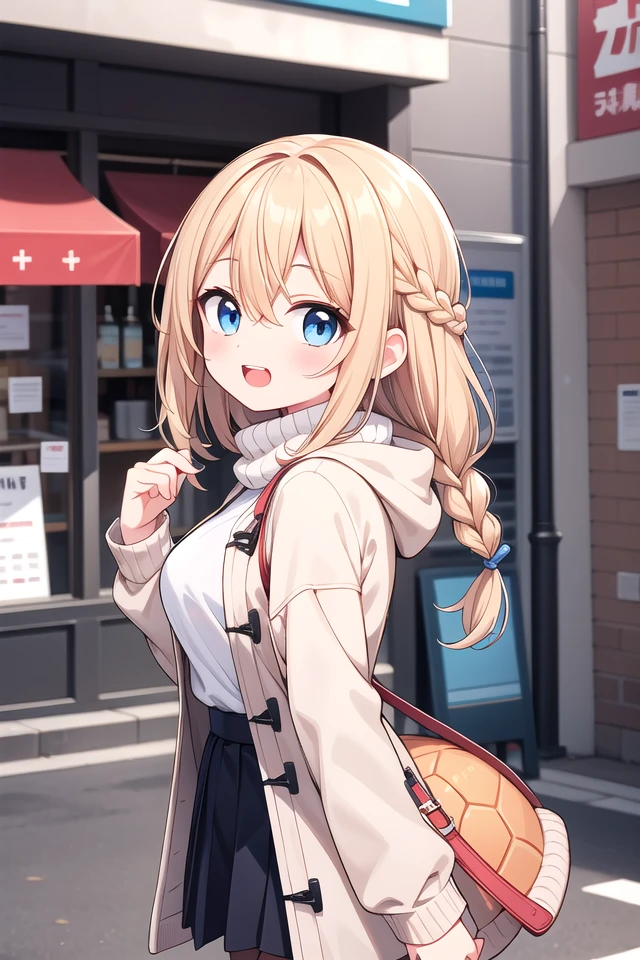 <lora:talkmouth_O_type2_v100:1>
insanely detailed, absurdres, ultra-highres, ultra-detailed, best quality,
1girl, solo, nice hands, perfect hands
BREAK
duffle coat, (turtle neck sweater:1.2), Pleated skirt
BREAK
(nsfw:-1.5)
BREAK
smile, open mouth
BREAK
from side,
standing, cowboy shot, looking at viewer
BREAK
slender, kawaii, perfect symmetrical face, ultra cute girl, ultra cute face, ultra detailed eyes, ultra detailed hair, ultra cute, ultra beautiful
BREAK
in japanese street, cityscape in japan, depth of field, ultra detailed background
BREAK
large breasts
BREAK
blonde hair, blue eyes, braid, hair between eyes