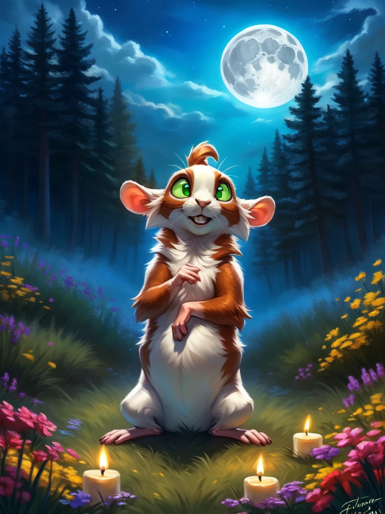 concept art  <lora:LugosiBunNNi1:1>  LugosiBunN,  green sclera, green eyes,    [forest, grass, stars,moon shining, clouds, flowers, bright moon, candles,]
 (beautiful, aesthetic, perfect, delicate, intricate), masterpiece, digital drawing, best quality,  
by ulitochka, by taran fiddler, by Silverfox5213, by personalami,  . digital artwork, illustrative, painterly, matte painting, highly detailed