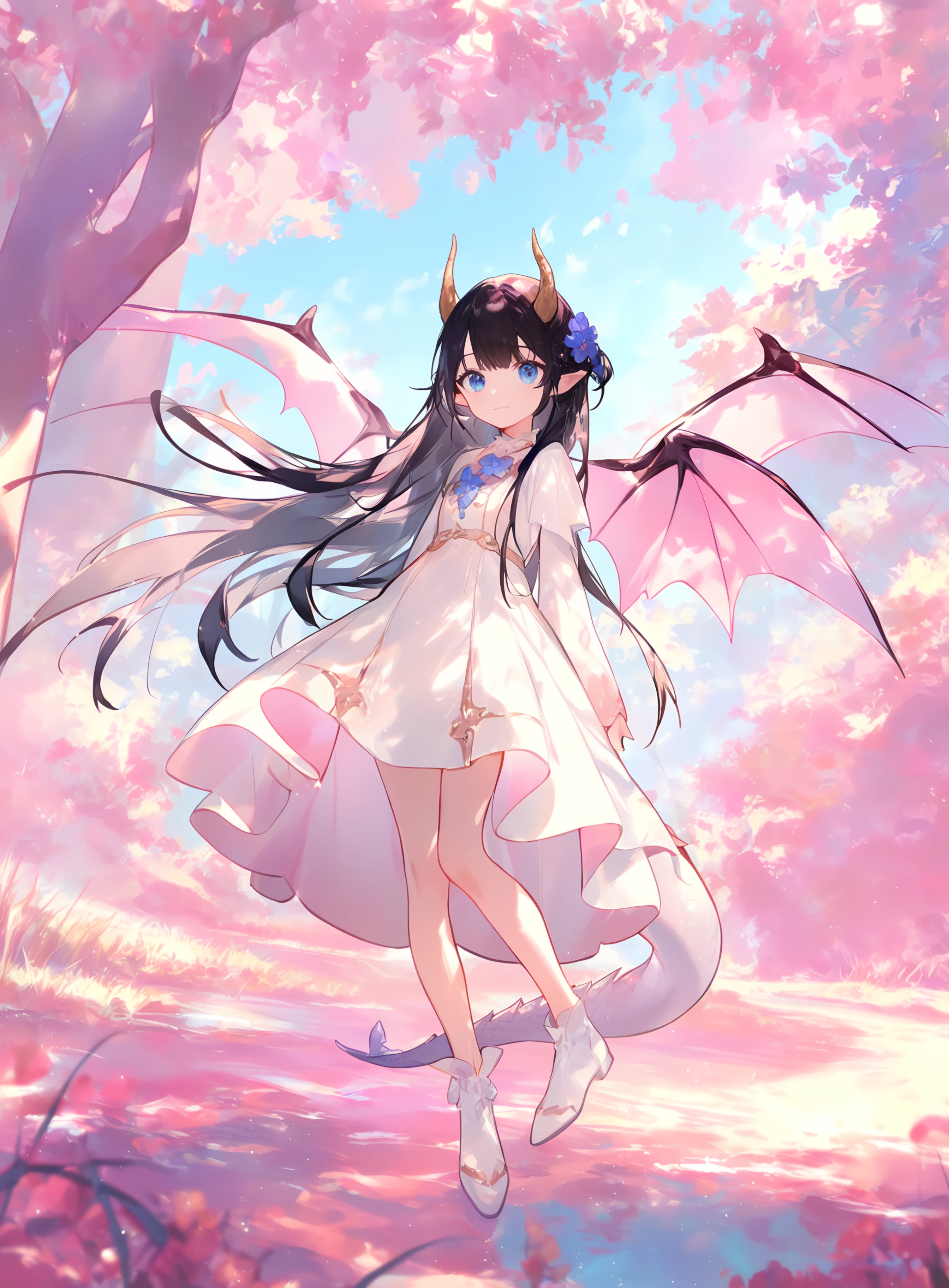 1girl,
welchino, yanyo \(ogino atsuki\), kita \(kitairoha\), ciloranko, lobelia \(saclia\), migolu, ask \(askzy\), fuzichoco,
1o1i, solo, dragon girl, dragon tail, dragon wings, dragon horns, white dress, long hair, side up, river, tree, forest, pointy ears, horns, dress, wings, nature, pink theme, scenery, outdoors, grass, white footwear, blue eyes, tail, black hair, full body, water, flat chest, sunlight, cloudy sky, day, dappled sunlight, looking at viewer, flying, blue sky, sky, standing, cloud, close-up, wheat field, plant, light particles, wide sleeves, flower, blue flower, looking back, closed mouth, medium breasts,
masterpiece, newest, absurdres, safe