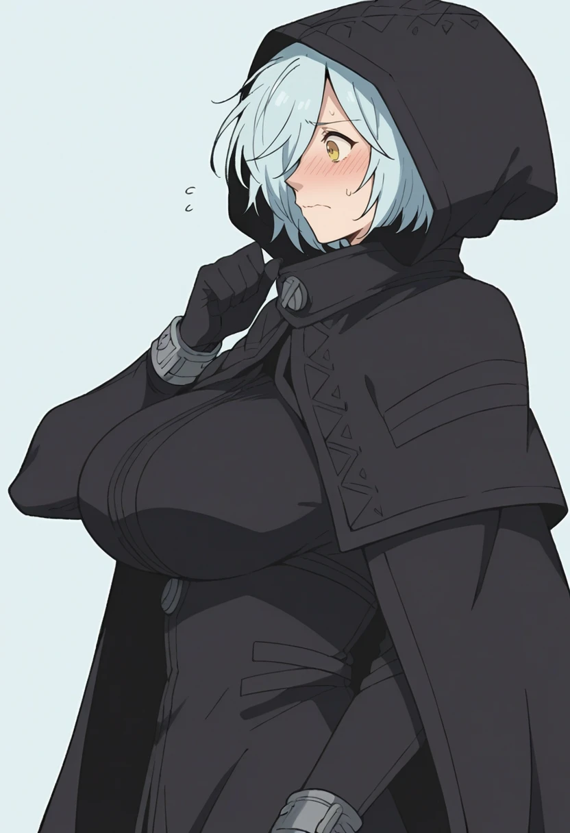score_9, score_8_up, score_8, source_anime, 1girl, <lora:Gyubid:0.9> huge breasts, yellow eyes, short hair, blue hair, bangs, hair over one eye, hood, hood up, cloak, black cloak, black gloves, upper body, embarrassed, blush, from side,
light blue background, simple background,