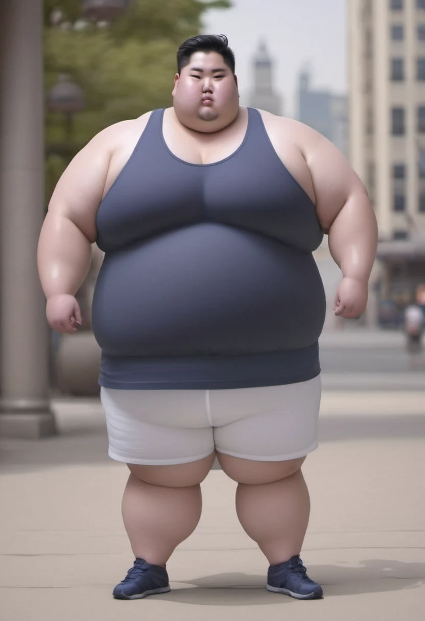 <lora:runga_8.1:0.78>thick arms, fat japanese young man, obese, superchub, male focus, fattest, fat,(navy cotton thin tank top,in city:3.0)