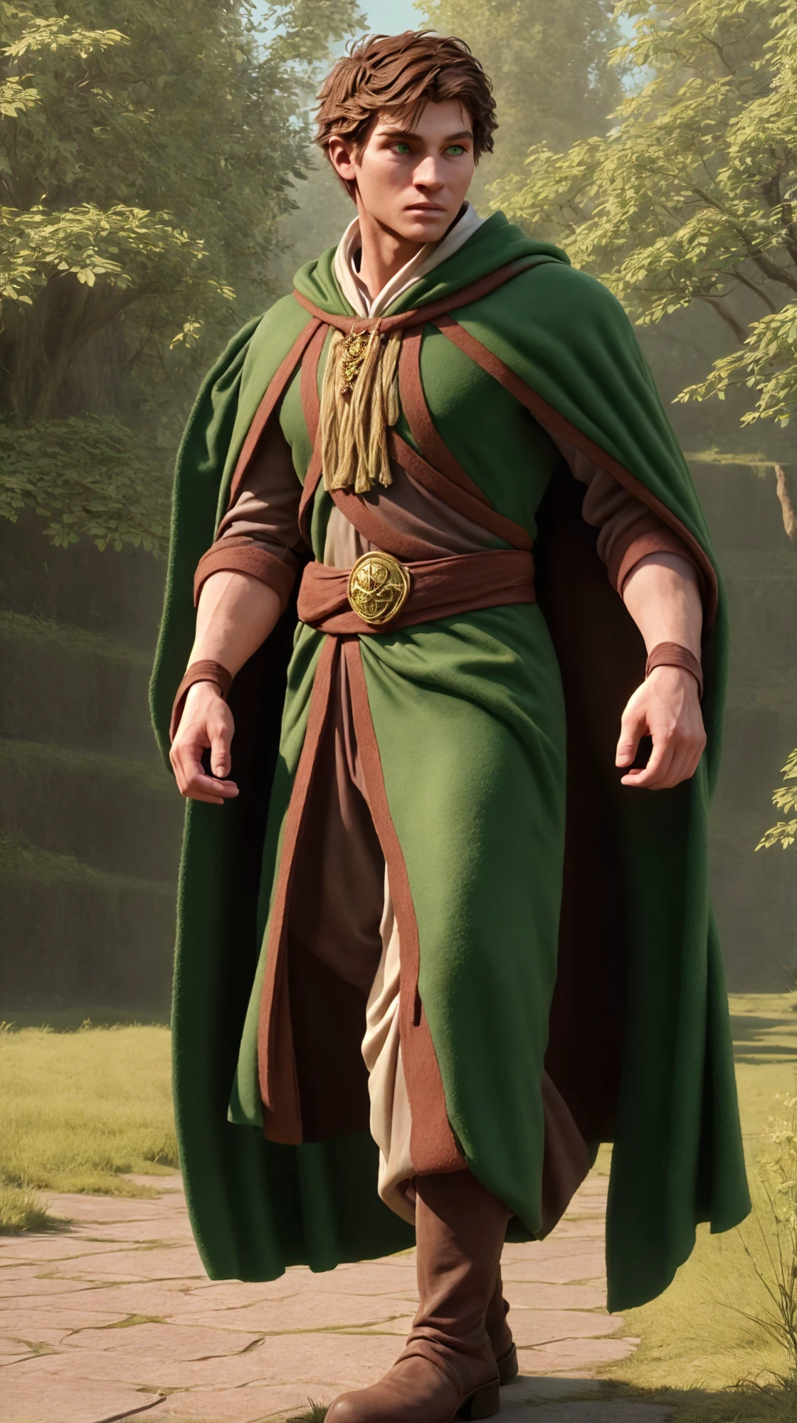 (face focus). (masculine:1.3), large strong physique:1.0, walking down forest pathway, (muscular;1.2), large muscles:1.1, ((wearing thick large long flowing simple green wool fantasy wizard robes:1.3)), ((wearing large matching long flowing cape:1.3)), (wearing matching long flowing skirt:1.2), (wearing matching boots), (green eyes), (fantasy theme:1.3), styled hair, confident, handsome, (((masterpiece))), (((best quality))), (dignified pose:1.2), male, athletic, looking at viewer, (short hair), SebbySallow, <lora:SebbySallow (1):0.9>