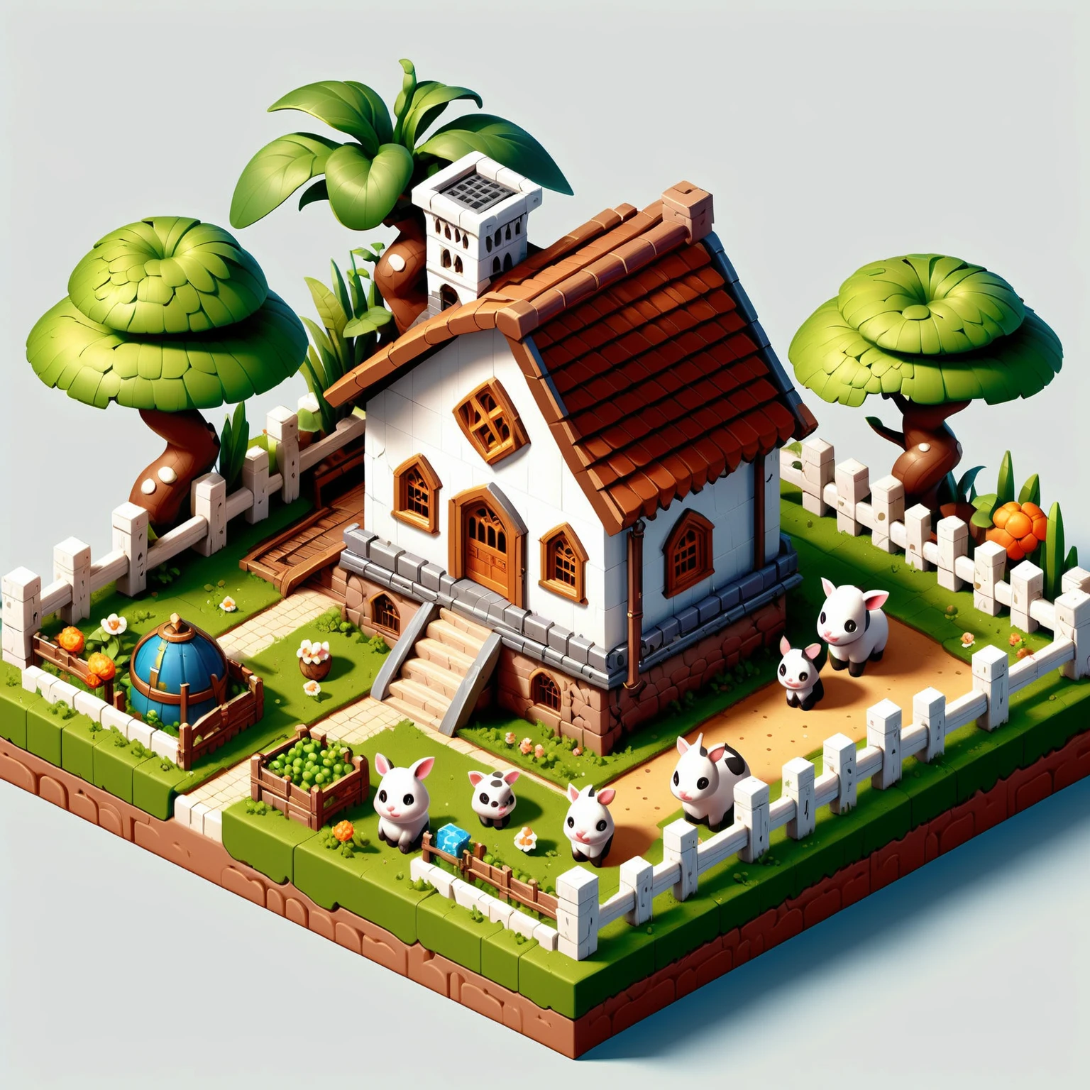 Elven Architecture Isometric elvish village home and farm, fences, crops, animals, haybales <lora:Elven Structures Isometric:1>