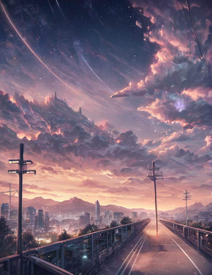 score_9, score_8_up, score_7_up,
signature, artist name, bridge, building, city, city lights, cityscape, cloud, cloudy sky, dusk, gradient sky, horizon, lamppost, light particles, mountain, night, night sky, outdoors, power lines, purple sky, road, scenery, shooting star, sky, skyline, skyscraper, snowing, star \(sky\), starry sky, street, sunset, tree, twilight, utility pole, water, feral, outside, star, hi res, detailed background
<lora:Aenami_Style:1.5>