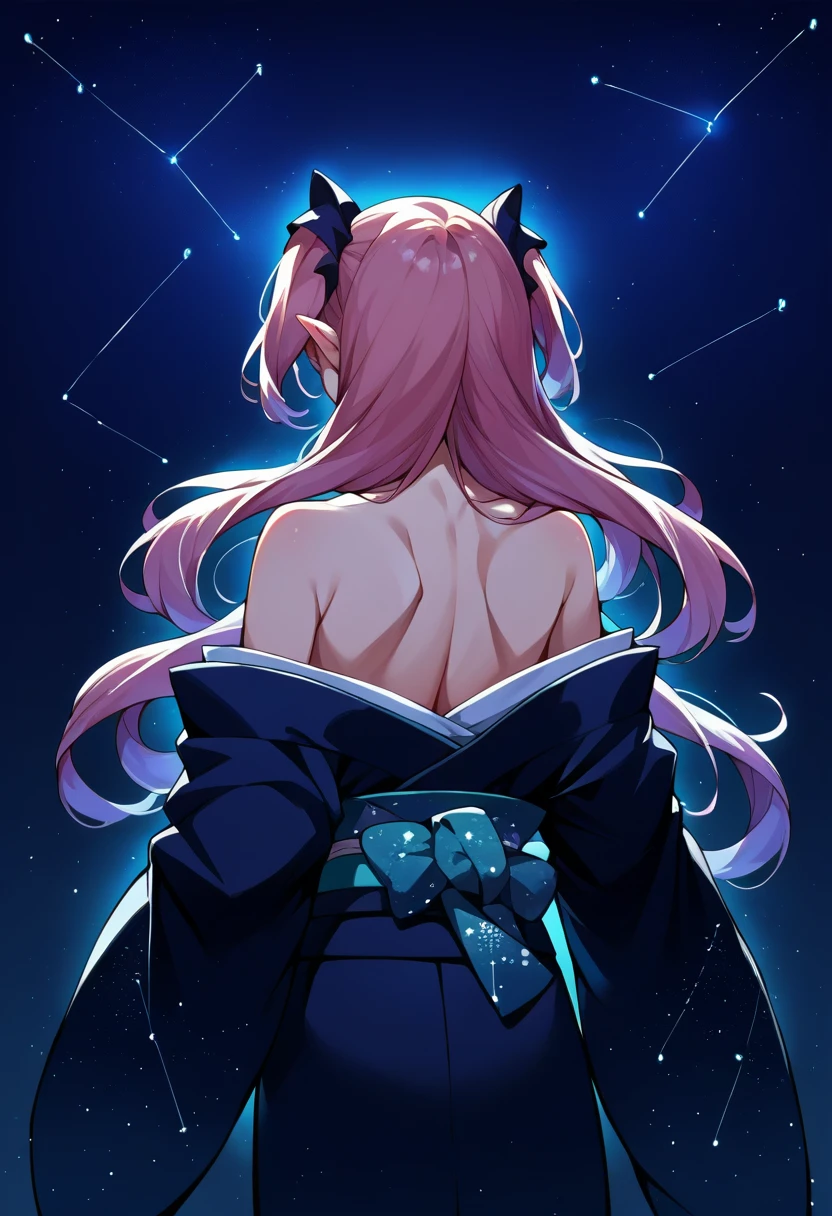 score_9, score_8_up, source_anime, 1girl, solo, KrulTepes, long hair, two side up, aurora, back, bare back, bare shoulders, constellation, from behind, kimono, light particles, long sleeves, off shoulder, dark environment, night, <lora:ChamKrulTepesPonyXL:1>