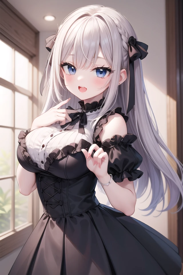 <lora:talkmouth_O_type2_v100:1>
insanely detailed, absurdres, ultra-highres, ultra-detailed, best quality,
1girl, solo, nice hands, perfect hands
BREAK
gothic theme, black gothic dress, white frill, hair dress
BREAK
(nsfw:-1.5)
BREAK
smile, open mouth
BREAK
,
standing, cowboy shot, looking at viewer
BREAK
slender, kawaii, perfect symmetrical face, ultra cute girl, ultra cute face, ultra detailed eyes, ultra detailed hair, ultra cute, ultra beautiful
BREAK
in schoolyard, depth of field, ultra detailed background
BREAK
large breasts
BREAK
brown hair, brown eyes, box braids,