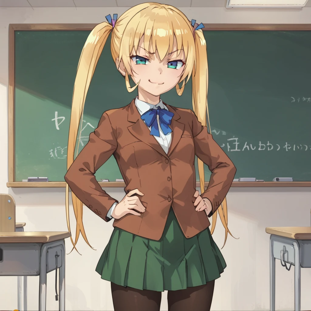 score_9, score_8_up, score_7_up, masterpiece, source_anime, BREAK,
mao_asakura, blonde, twintails, very long hair, solo, standing, smug, brown jacket, blue bow tie, green skirt, black pantyhose, hands on own hips, cowboy shot, BREAK,
classroom