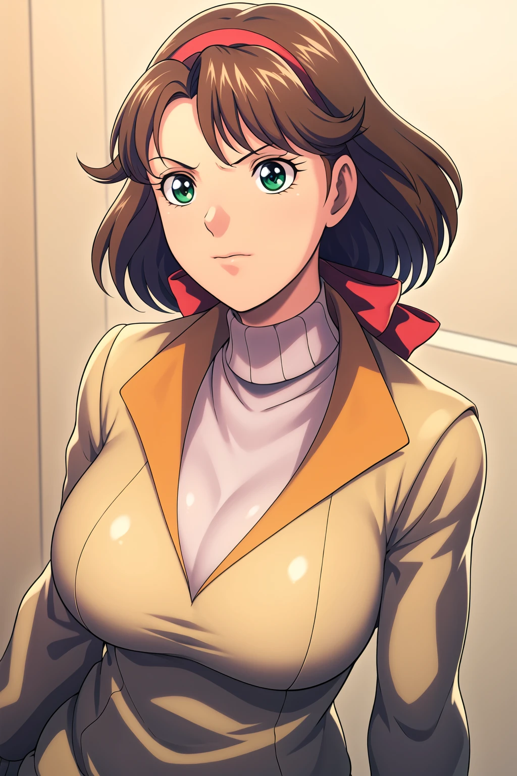 Simple White Background,
dynamic pose,standing at attention,
yellow jacket,sweater, turtleneck, long sleeves,
<lora:Lucille_Aisley_GUnit-KK77-V1:0.7>,
green eyes, brown hair,bangs,short hair,red hairband,
<lora:more_details:0.1>,<lora:Oda_Non_Style-KK77-V2:0.3>,<lora:Sexy_AIart-KK77-V1:0.3>,
1 girl, 20yo,Young female,Beautiful long legs,Beautiful body,
Beautiful Nose,Beautiful character design, perfect eyes, perfect face,expressive eyes,perfect balance,
looking at viewer,(Focus on her face),closed mouth, (innocent_big_eyes:1.0),(Light_Smile:0.3),
official art,extremely detailed CG unity 8k wallpaper, perfect lighting,Colorful, Bright_Front_face_Lighting,White skin,
(masterpiece:1.0),(best_quality:1.0), ultra high res,4K,ultra-detailed,
photography, 8K, HDR, highres, absurdres:1.2, Kodak portra 400, film grain, blurry background, bokeh:1.2, lens flare, (vibrant_color:1.2),professional photograph,
(Beautiful,large_Breasts:1.4), (beautiful_face:1.5),(narrow_waist),