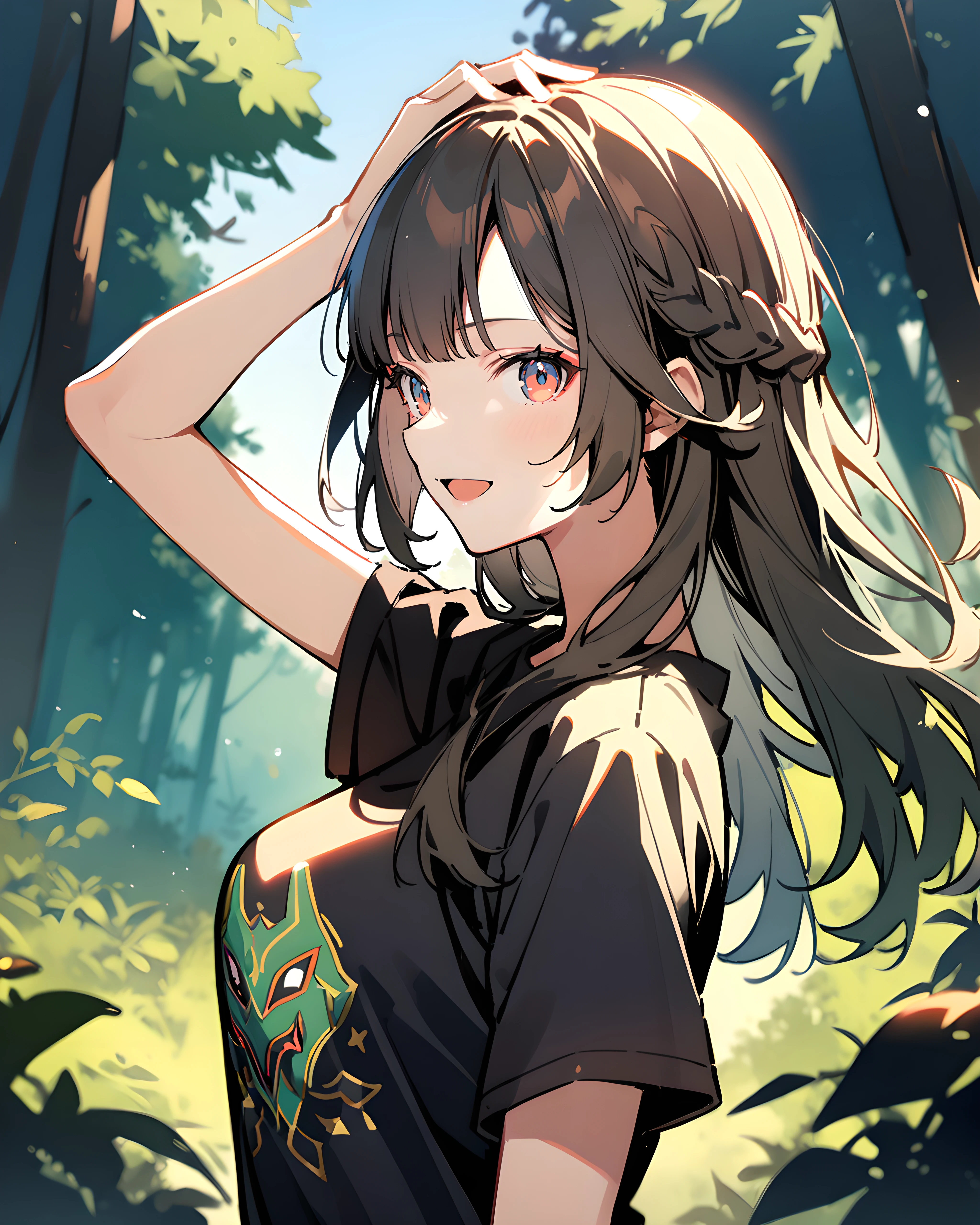 1girl, upper body, standing, from side, looking at viewer, Rana, long hair, T-shirt, black shirt, short sleeves, open mouth, smile, arm up, hand on own head, outdoors, forest, blue sky, sunlight <lora:Rana:0.6>