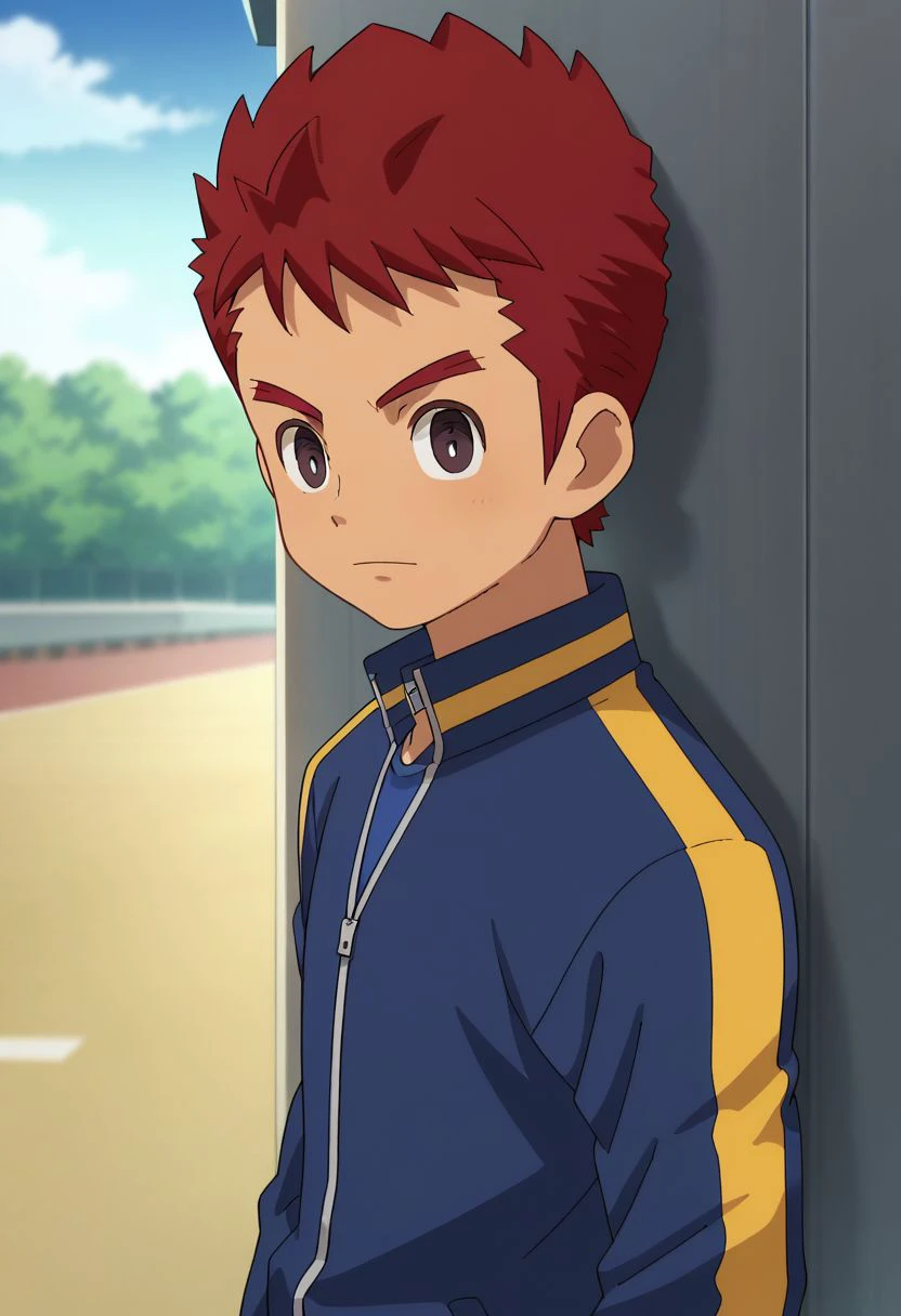 score_9, score_8_up, source_anime, highly detailed, 1boy, solo
noburo, 1boy, jacket, track jacket, track suit, male focus, solo, sportswear, red hair, blue shirt, black eyes, upper body, 
outdoor,