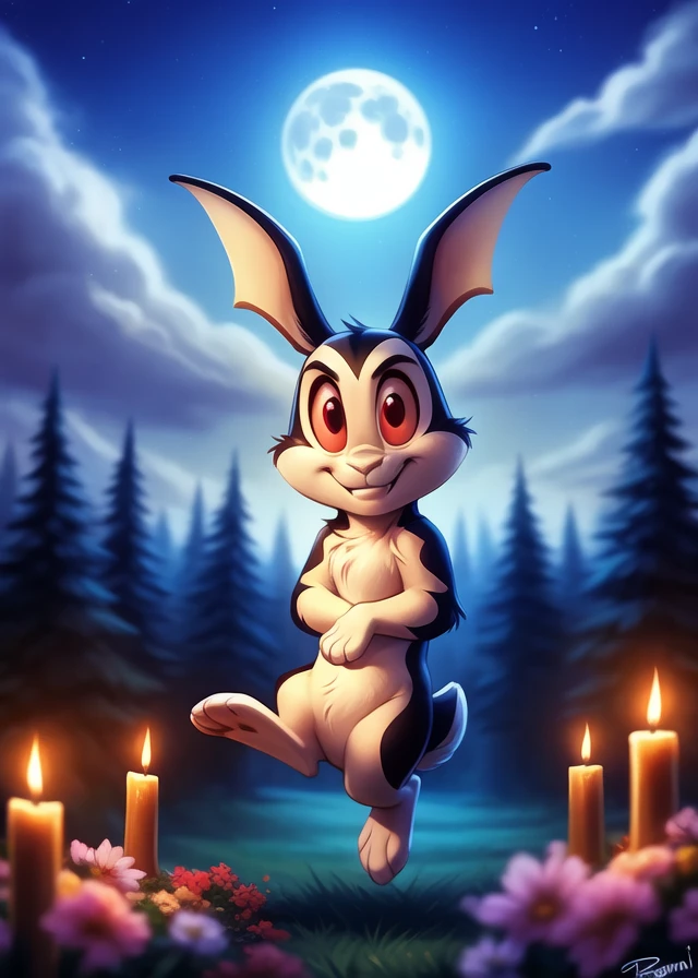cinematic film still  <lora:BunniculaBunNi1:1>  BunniculaBunNi, solo,  Red eyes, chibi,   EarsWings, Jumping
[forest, grass, stars,moon shining, clouds, flowers, bright moon, candles,]
 (beautiful, aesthetic, perfect, delicate, intricate), masterpiece, digital drawing, best quality,  
[by personalami], by smitty g, [[[by Foxovh]]], [[by Ross Tran]]   . shallow depth of field, vignette, highly detailed, high budget, bokeh, cinemascope, moody, epic, gorgeous, film grain, grainy