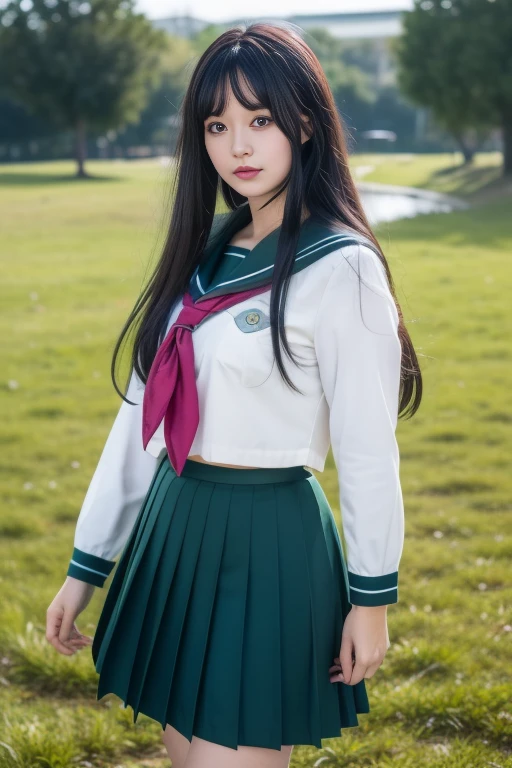 ltra-detailed,highly detailed,best quality,masterpiece,illustration,realistic,photorealistic,
kagome, 1girl, solo, portrait,
school uniform, serafuku, sailor collar, long sleeves, neckerchief, pleated skirt, 
long hair, bangs, 
looking at viewer, cowboy shot, 
outdoors, river,grass, 
 <lora:kagome_v1_06:0.7>