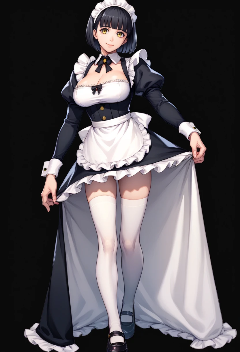 score_9, score_8_up, score_7_up, source_anime BREAK <lora:feh-style-richy-v1_pdxl:1> fehdef, full body, standing, black background, simple background, black hair, bob cut, yellow eyes, looking at viewer, maid, maid headdress, cleavage, large breasts, thighhighs, mary janes, smile