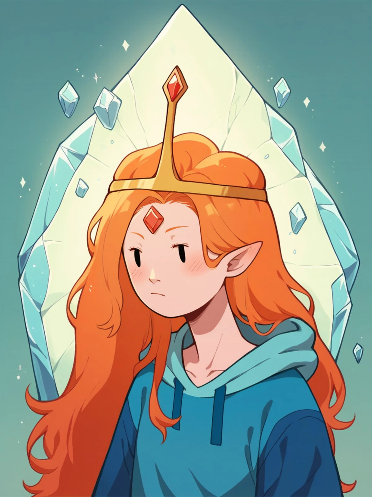 score_9, score_8_up, score_7_up, score_6_up, score_5_up, score_4_up, 4dv3ntur3t1m3, adventure time, <lora:4dv3ntur3t1m3XLP:0.9> 1girl, orange hair, portrait, long hair, crystals, ice, crown