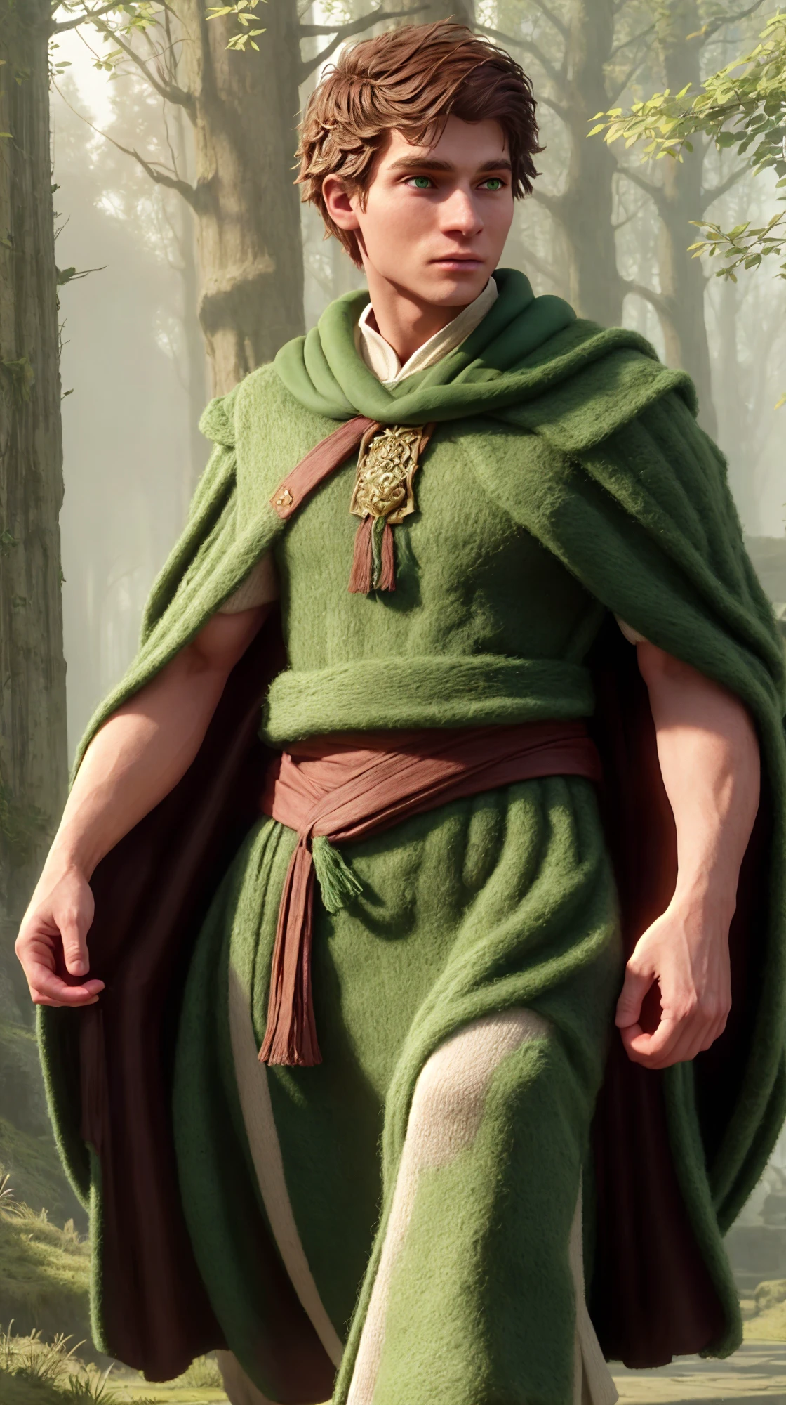 (face focus). (masculine:1.3), large strong physique:1.0, walking down forest pathway, (muscular;1.2), large muscles:1.1, ((wearing thick large long flowing simple green wool fantasy wizard robes:1.3)), (wearing matching long flowing cape:1.2), (green eyes), (fantasy theme:1.3), styled hair, confident, handsome, (((masterpiece))), (((best quality))), (dignified pose:1.2), male, athletic, looking at viewer, (short hair), SebbySallow, <lora:SebbySallow (1):0.9>