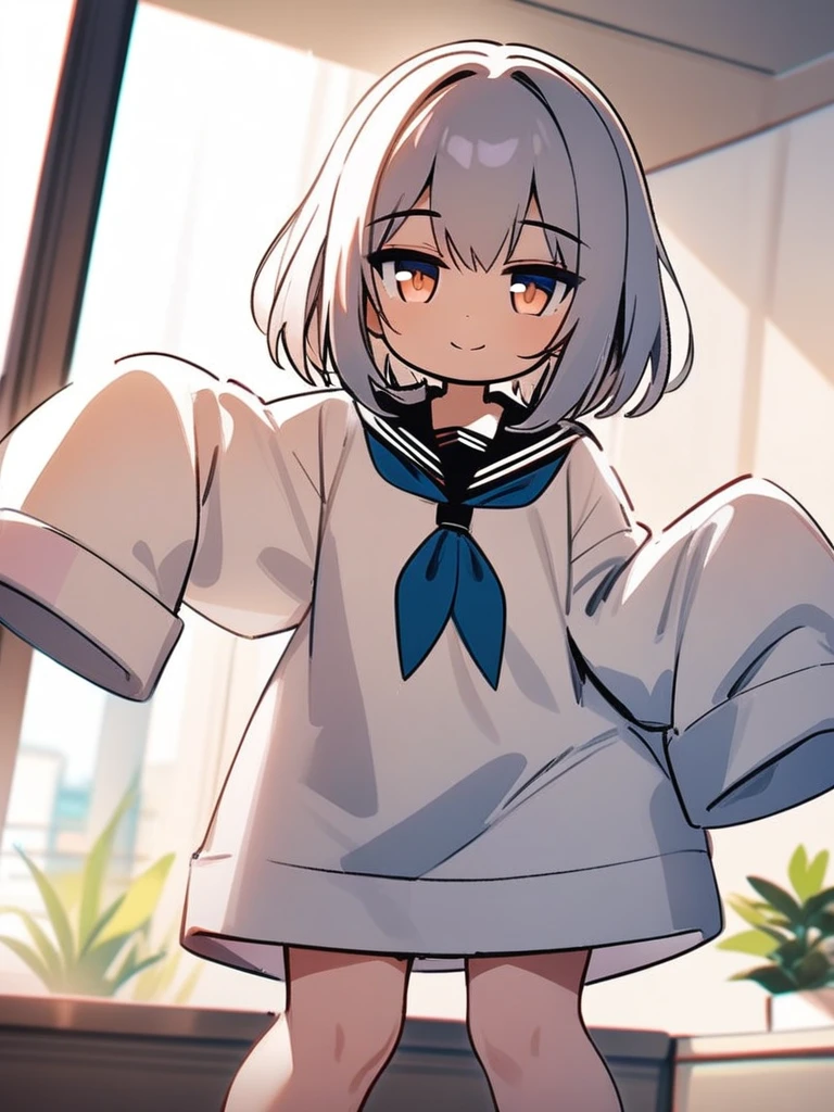 masterpiece,(best quality),
1girl,smile,solo,looking at viewer,oversized clothes,sleeves past fingers,spread arms,serafuku,chibi,
indoors,
<lora:kim_mkS_A01:0.5>,