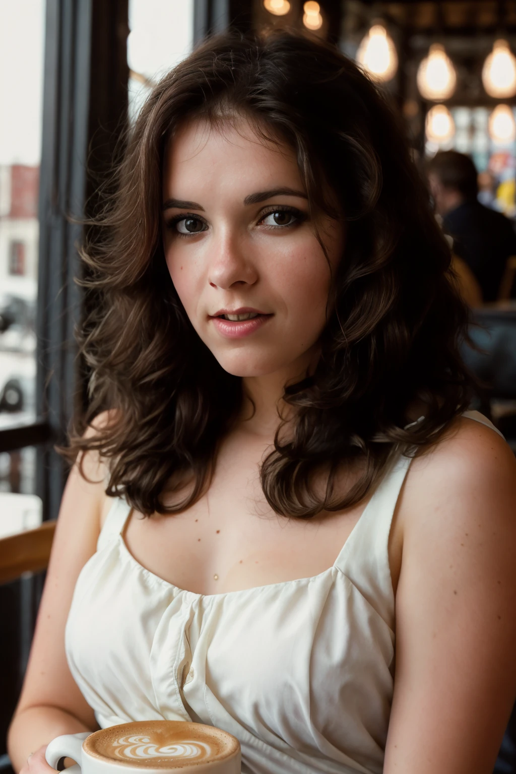 <lora:ChrissieBeauchamp:0.8>, full color portrait of a young woman, having coffee at a vintage cafe, natural light, RAW photo, subject, 8k uhd, dslr, soft lighting, high quality, film grain, Fujifilm XT3, Nikon D850