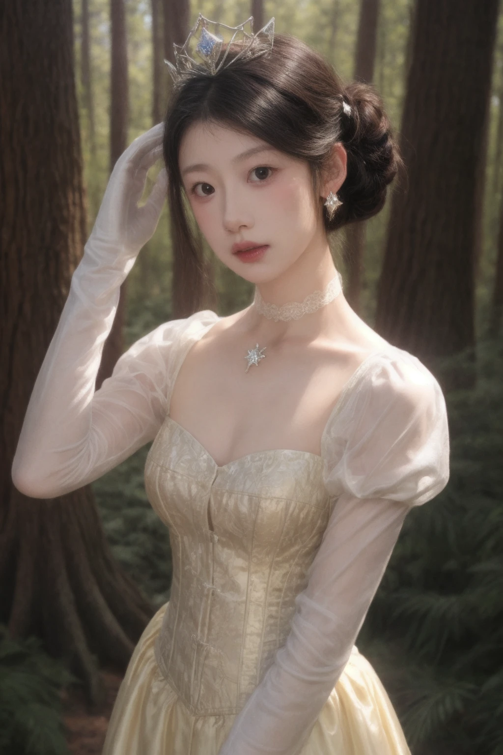 masterpiece, high quality,1girl, stage, cowboy shot, pantyhose, , lace trim, ornate dress, choker, silver hair, in forest, corset, hem, elbow gloves, see-through, crown, forehead jewel, princess,
<lora:ip-adapter-faceid-plusv2_sd15_lora:0.62> <lora:hpjzhi_v1:0.53> <lora:add_detail:1>