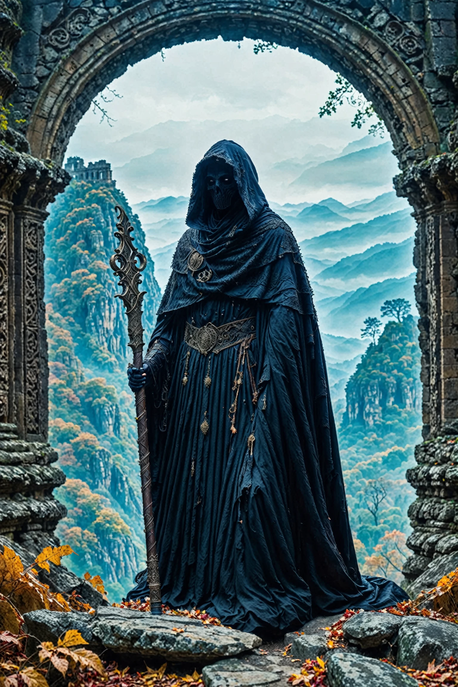 A mysterious figure draped in a dark cloak, with a hood obscuring most of their face. The figure holds a tall, ornate staff with intricate designs. The setting is an ancient ruin, with stone arches framing the scene. Beyond the arches, a breathtaking view of misty mountains and dense forests can be seen. The ground is strewn with fallen leaves and rocks, adding to the eerie ambiance.<lora:EMS-388887-EMS:0.800000>