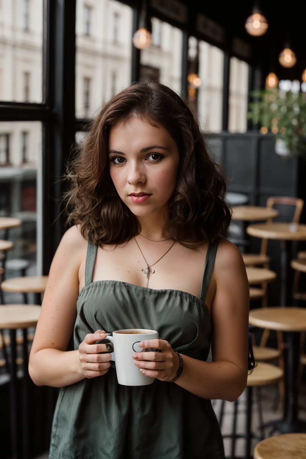 <lora:ChrissieBeauchamp:0.8>, full color portrait of a young woman, having coffee at a vintage cafe, natural light, RAW photo, subject, 8k uhd, dslr, soft lighting, high quality, film grain, Fujifilm XT3, Nikon D850