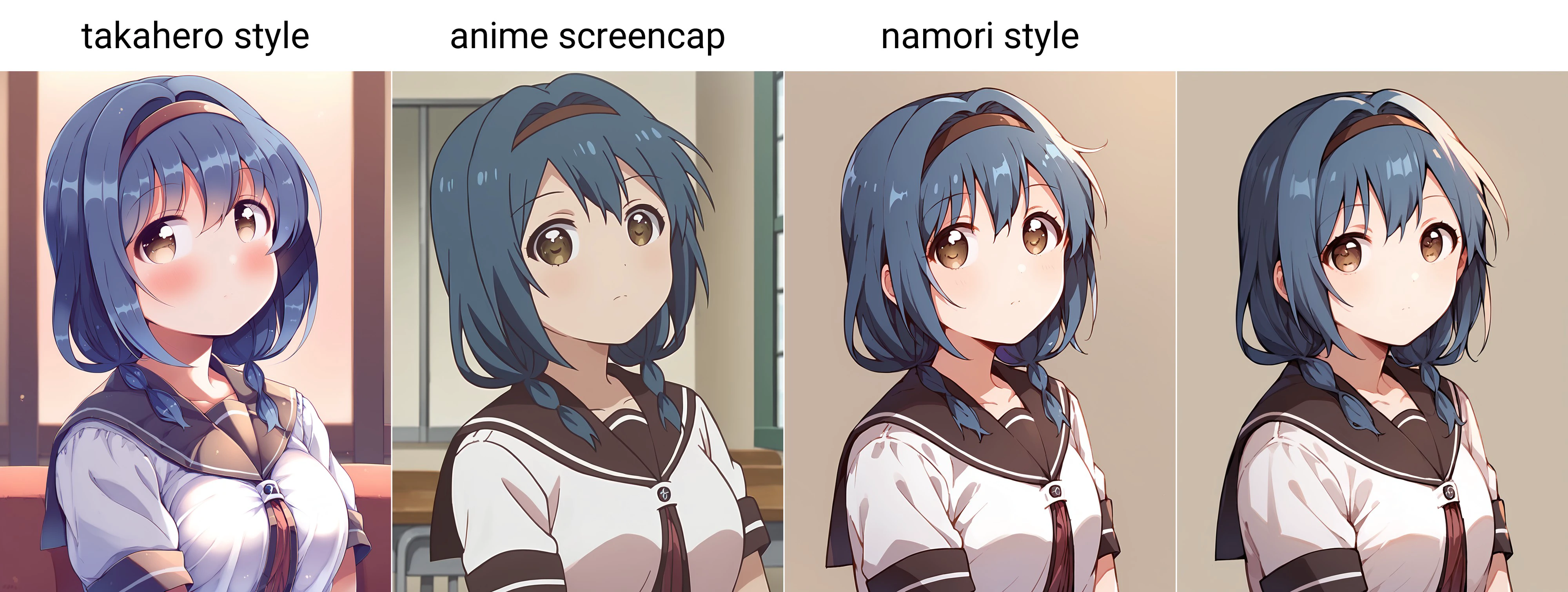 score_9, score_8_up, score_7_up, score_6_up, score_5_up, score_4_up, source_anime, <lora:furutani_himawari-ponyxl-v10h:1>, 1girl, solo, looking at viewer, furutani himawari, brown eyes, blue hair, hairband, low twin braids, nanamori school uniform, takahero style