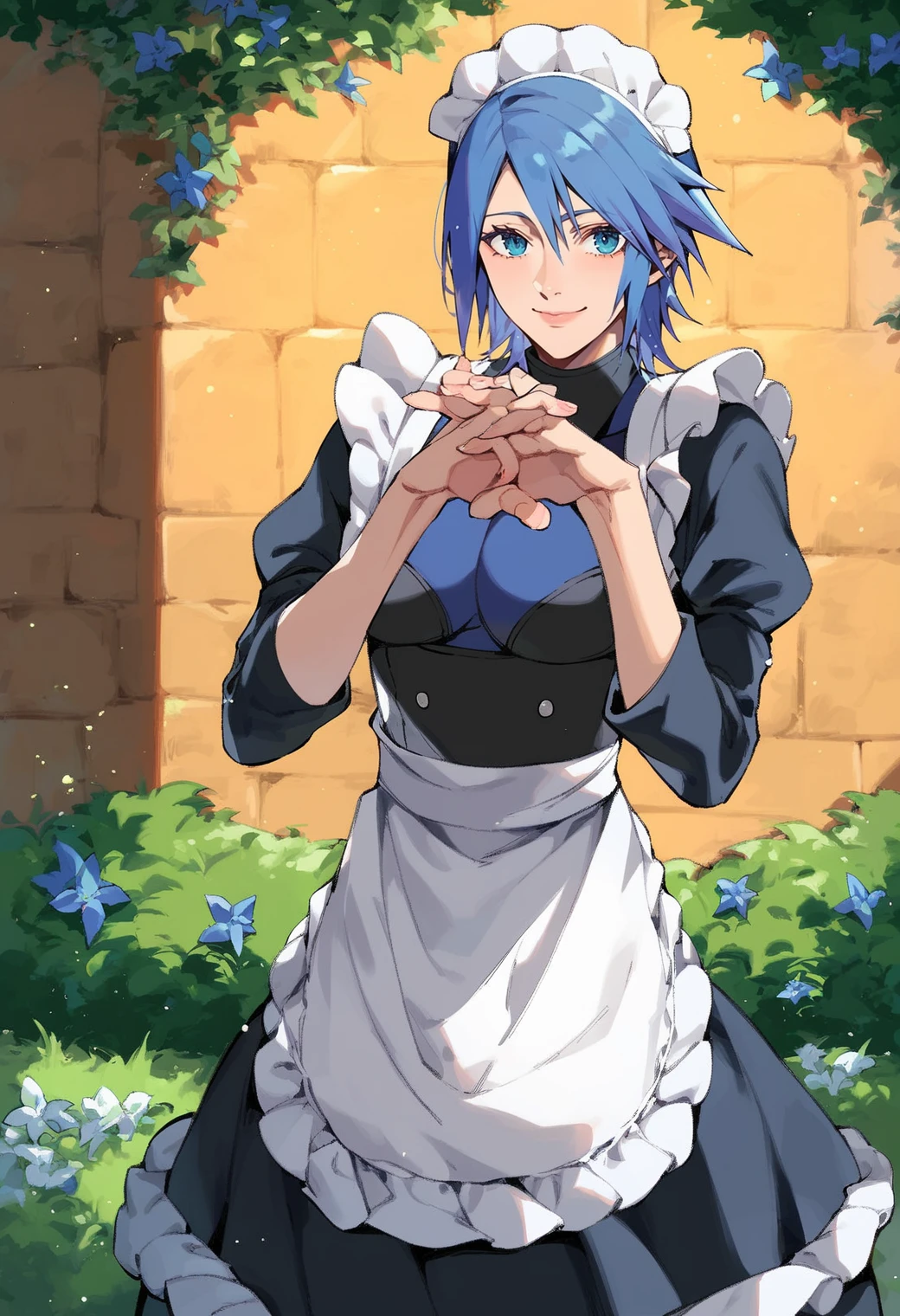 score_9,score_8_up,score_7_up,source_anime BREAK <lora:Aqua_(Kingdom_Hearts)_V2:0.8>,high detail,good hands,perfect hands,1girl,solo,aqua (kingdom hearts),smile,maid,maid headdress,maid apron,cowboy shot,mansion foyer